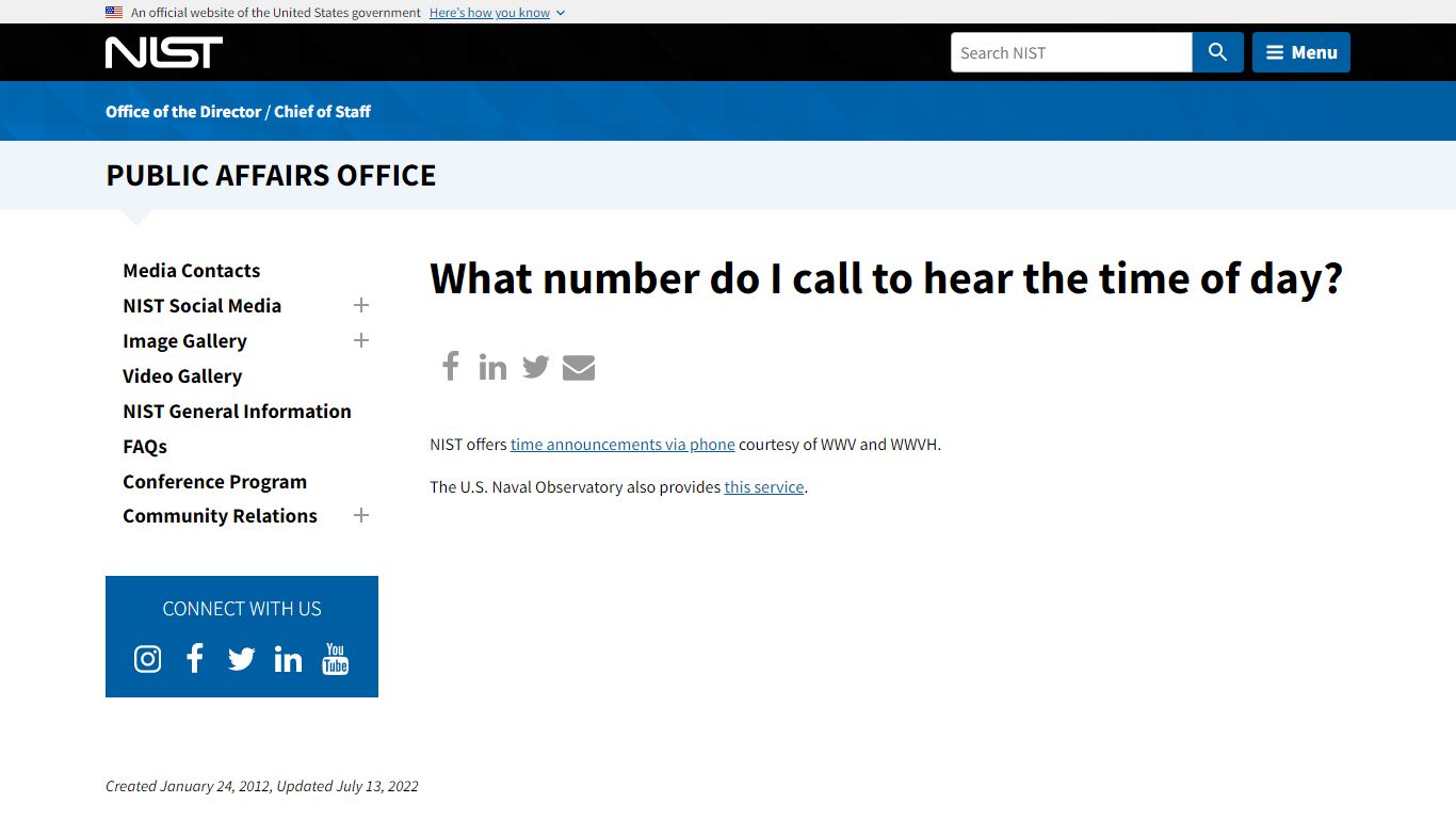 What number do I call to hear the time of day? | NIST